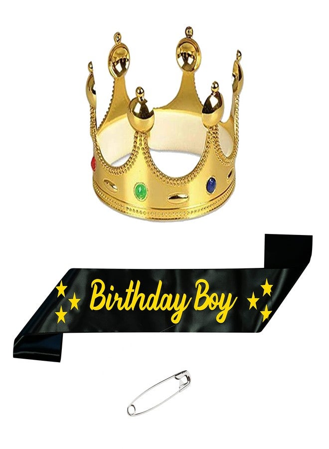 Decofy Happy Birthday Sash For Boys & Mens | Crown For Baby Boys King Adult Mens Suitable to everone -2 Pc-Black Sash Gold Crown - Image 1